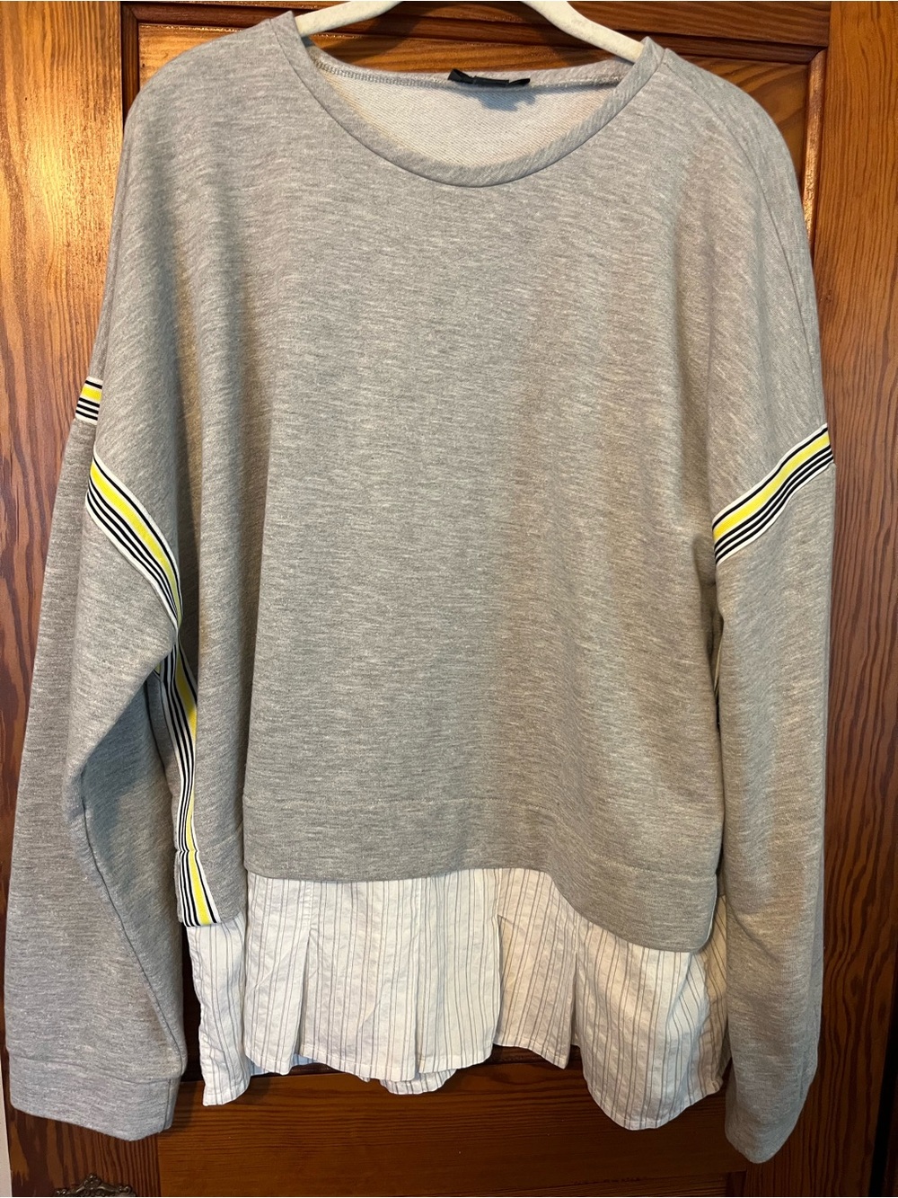 Anthropologie (Maeve) Grey Layered Sweatshirt with Yellow Stripe Detail, XL